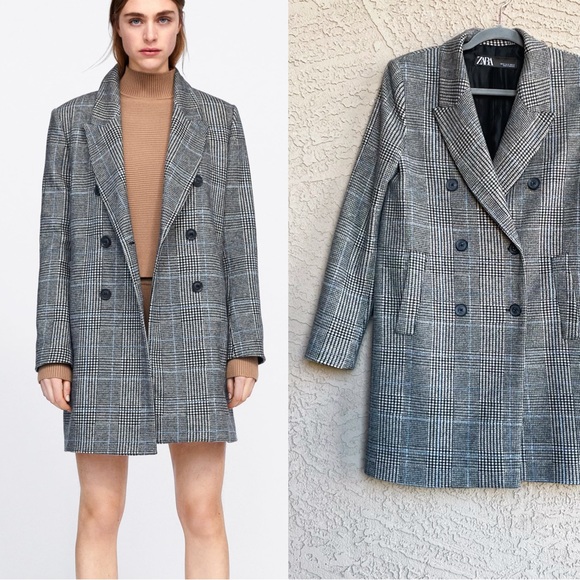 ZARA Gray & Blue Checkered Plaid Houndstooth Double Breasted Soft Faux Wool Coat - Picture 11 of 11